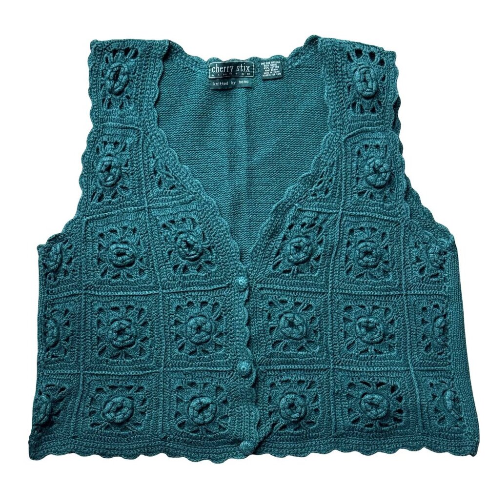 Cherry Stix Handmade Green Crochet Knit Sweater Vest Floral Boho Granny Sz S/M